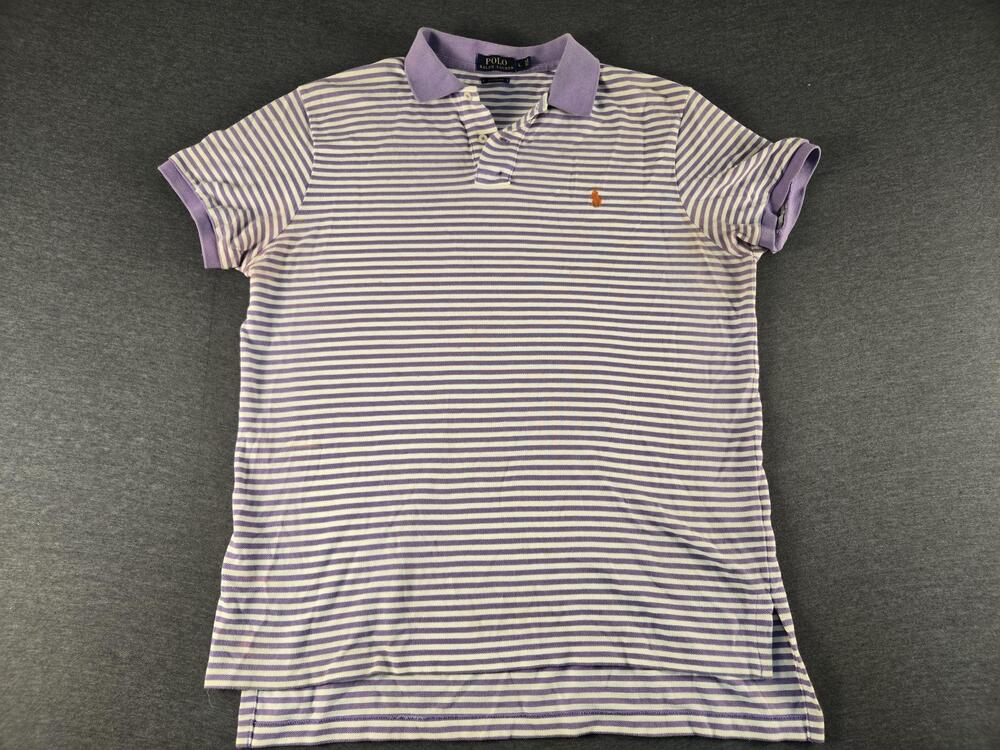 Polo Ralph Lauren Polo Shirt Mens Large Purple White Striped Pique Custom Fit